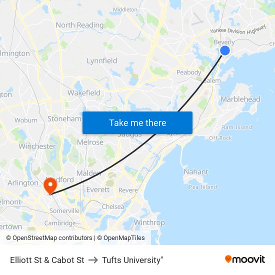 Elliott St & Cabot St to Tufts University" map