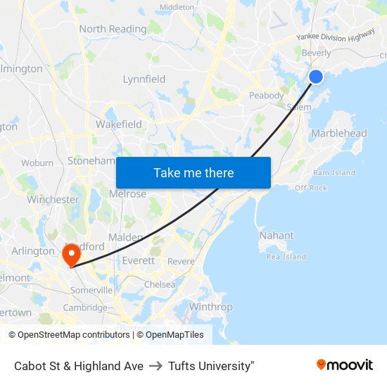 Cabot St & Highland Ave to Tufts University" map