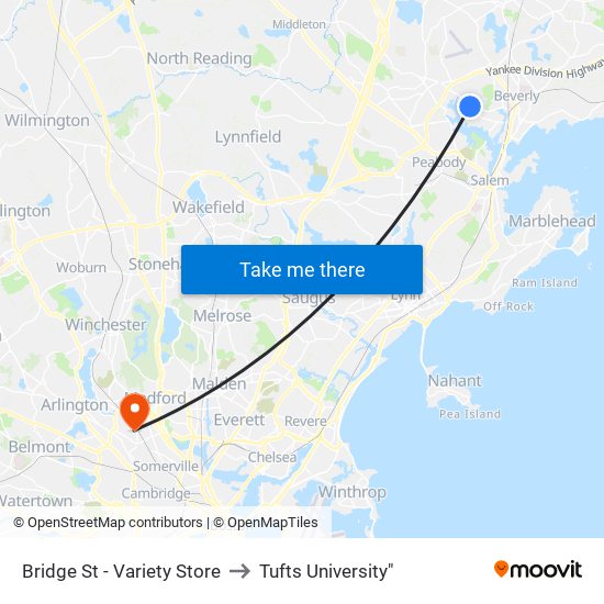 Bridge St - Variety Store to Tufts University" map