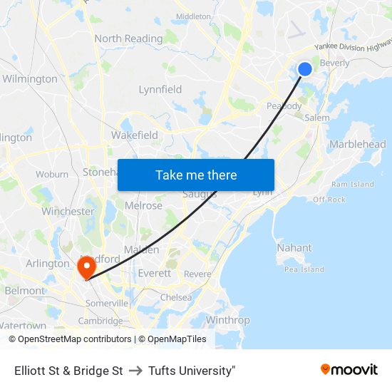 Elliott St & Bridge St to Tufts University" map