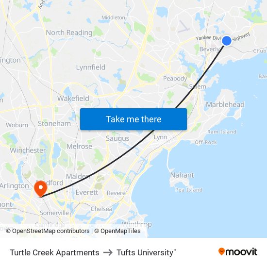 Turtle Creek Apartments to Tufts University" map