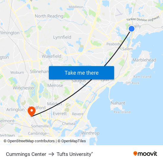 Cummings Center to Tufts University" map