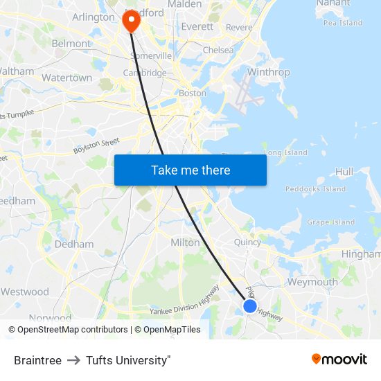 Braintree to Tufts University" map