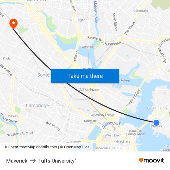 Maverick to Tufts University" map