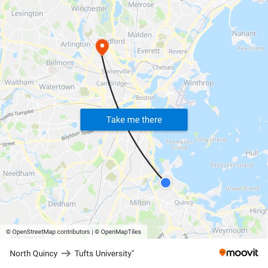 North Quincy to Tufts University" map