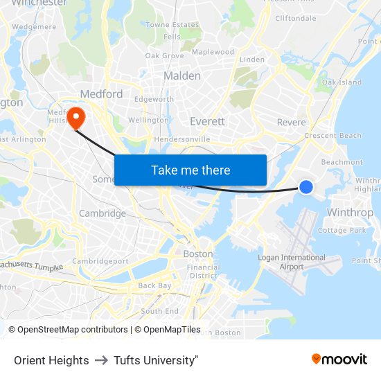 Orient Heights to Tufts University" map