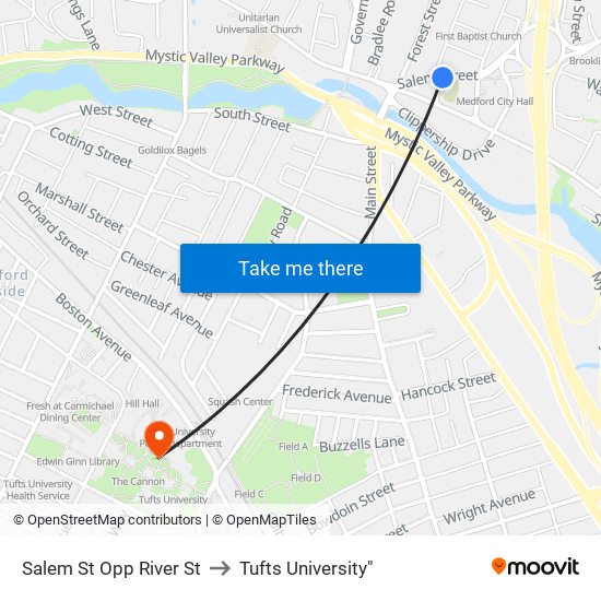 Salem St Opp River St to Tufts University" map