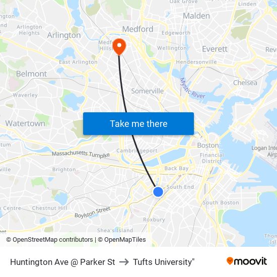 Huntington Ave @ Parker St to Tufts University" map