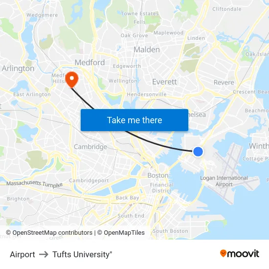 Airport to Tufts University" map