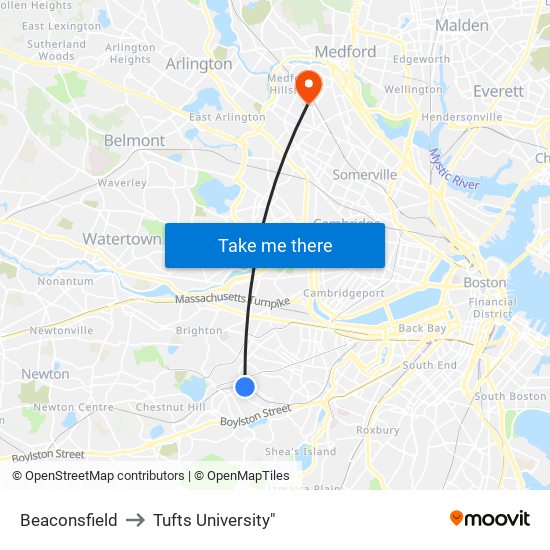 Beaconsfield to Tufts University" map