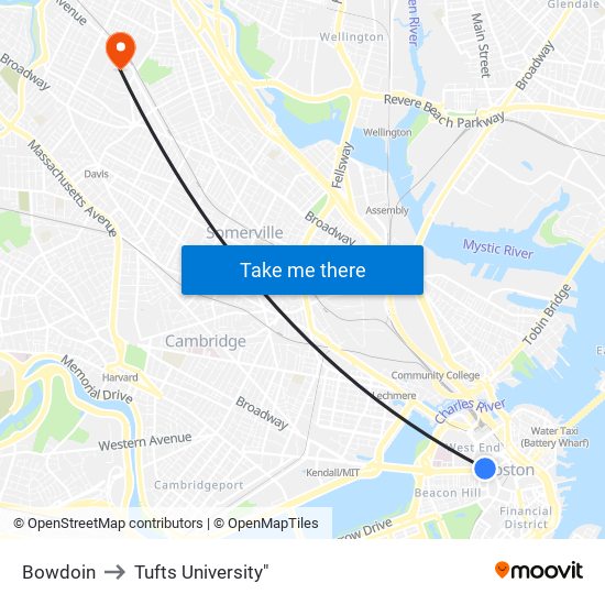 Bowdoin to Tufts University" map