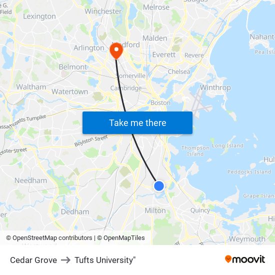 Cedar Grove to Tufts University" map