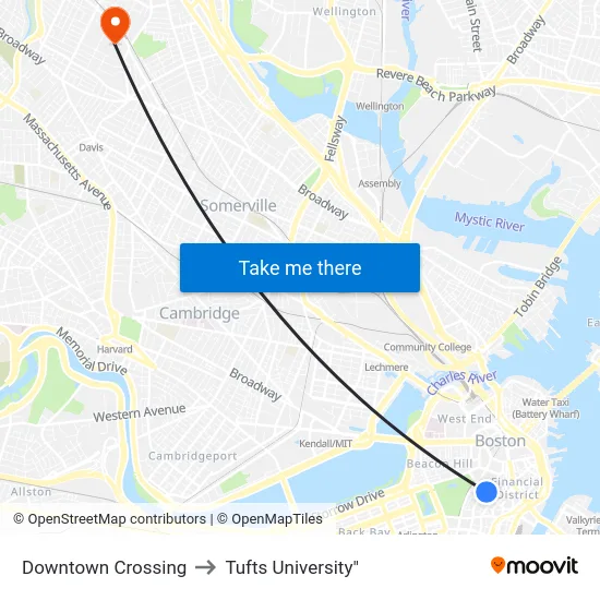 Downtown Crossing to Tufts University" map
