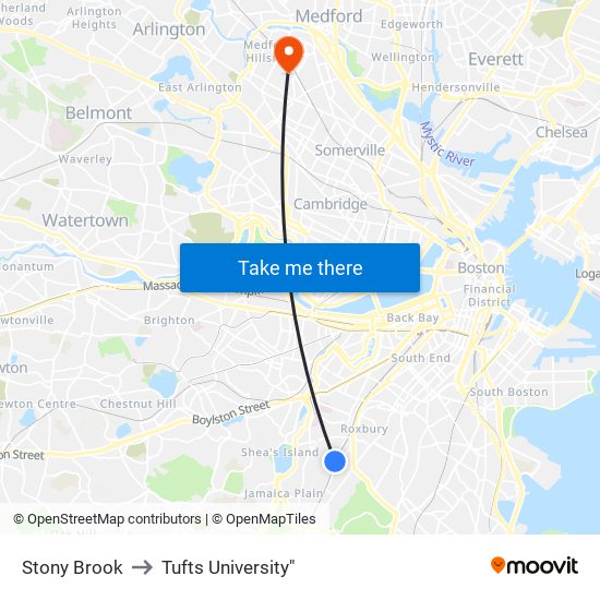 Stony Brook to Tufts University" map