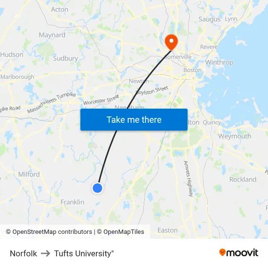 Norfolk to Tufts University" map