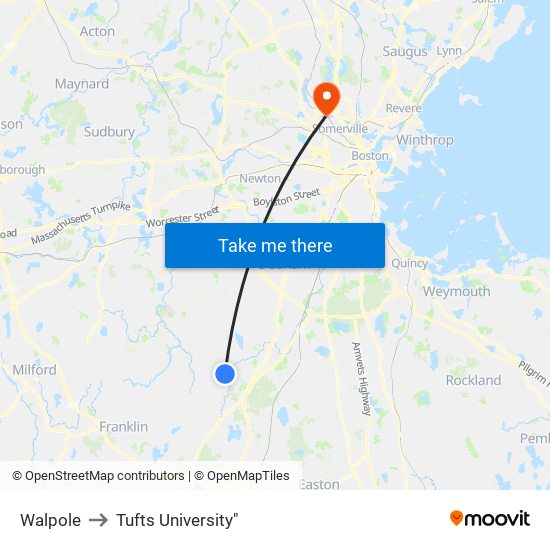 Walpole to Tufts University" map