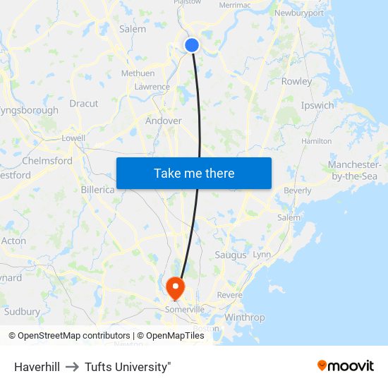 Haverhill to Tufts University" map