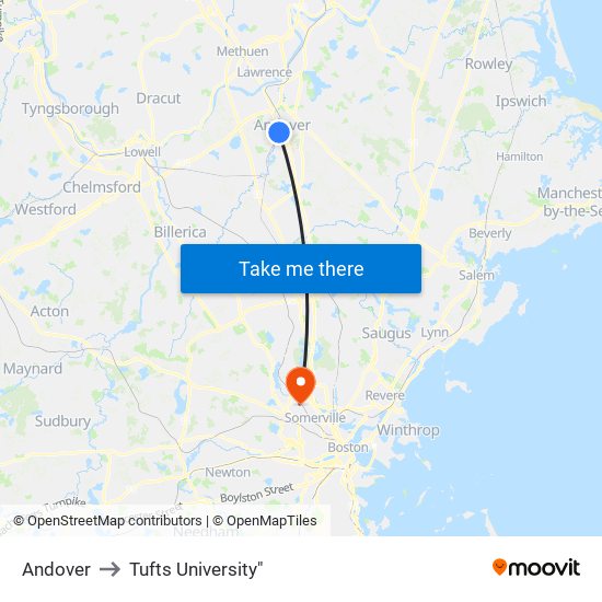 Andover to Tufts University" map