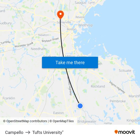 Campello to Tufts University" map