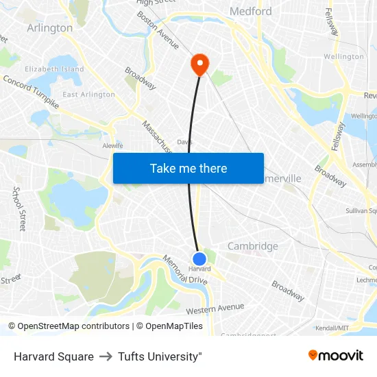 Harvard Square to Tufts University" map
