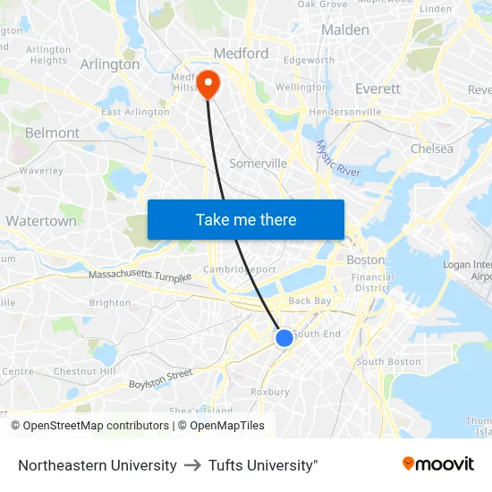 Northeastern University to Tufts University" map
