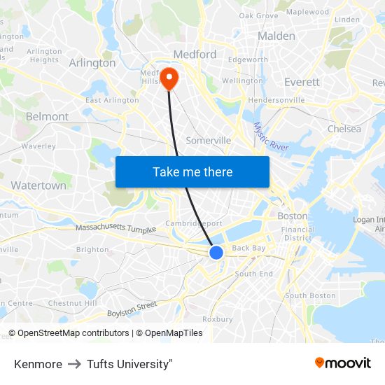 Kenmore to Tufts University" map