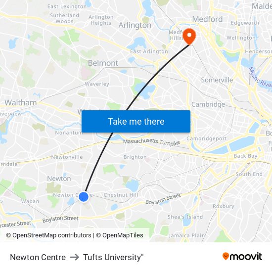 Newton Centre to Tufts University" map
