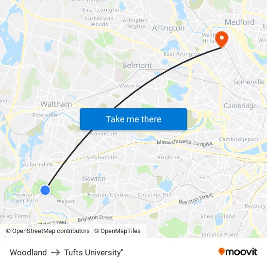 Woodland to Tufts University" map