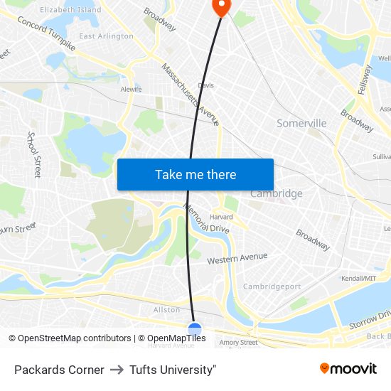 Packards Corner to Tufts University" map