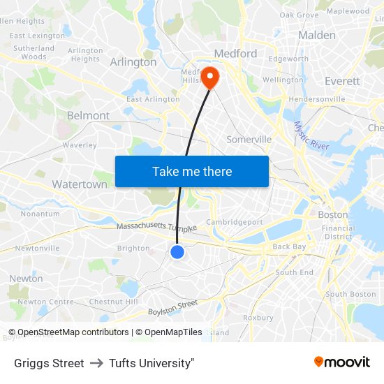 Griggs Street to Tufts University" map