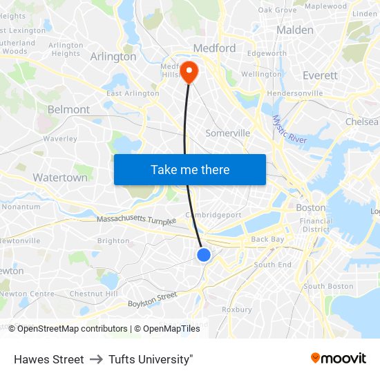 Hawes Street to Tufts University" map