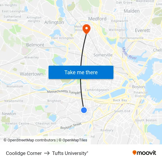 Coolidge Corner to Tufts University" map