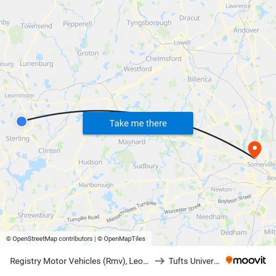 Registry Motor Vehicles (Rmv), Leominster to Tufts University" map