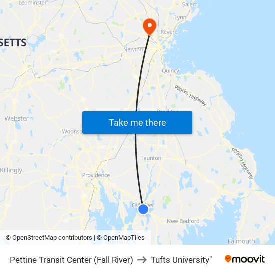 Pettine Transit Center (Fall River) to Tufts University" map