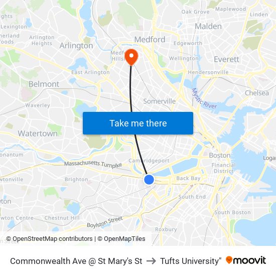 Commonwealth Ave @ St Mary's St to Tufts University" map