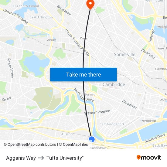 Agganis Way to Tufts University" map