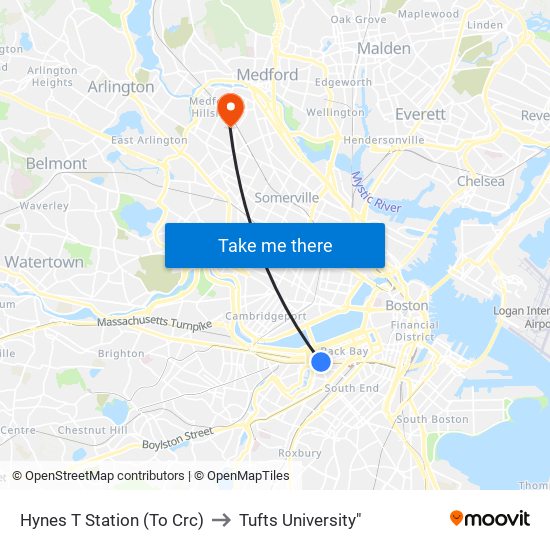 Hynes T Station (To Crc) to Tufts University" map