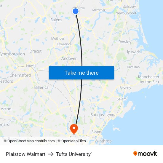 Plaistow Walmart to Tufts University" map