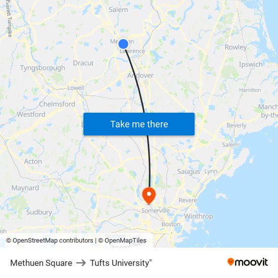 Methuen Square to Tufts University" map