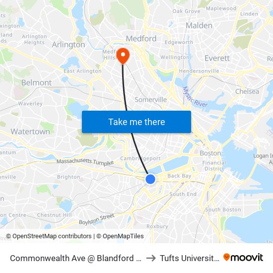 Commonwealth Ave @ Blandford St to Tufts University" map