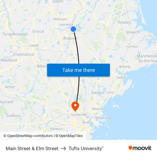 Main Street & Elm Street to Tufts University" map