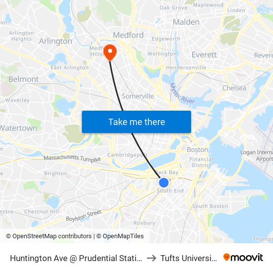 Huntington Ave @ Prudential Station to Tufts University" map