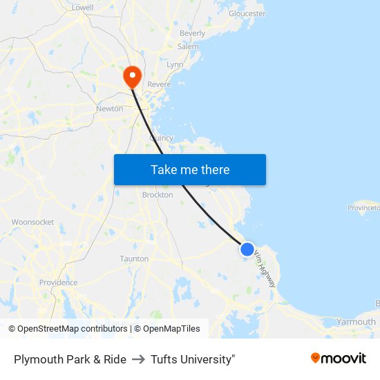 Plymouth Park & Ride to Tufts University" map