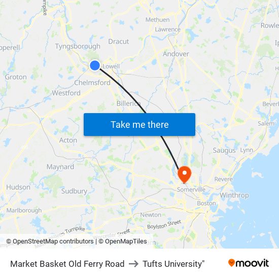 Market Basket Old Ferry Road to Tufts University" map