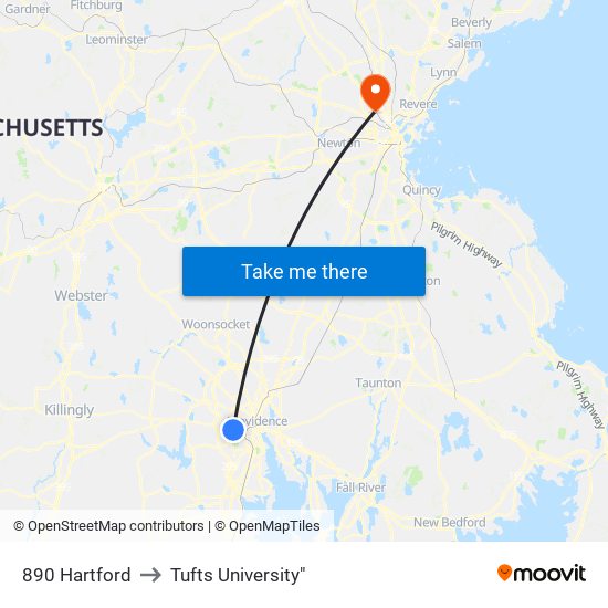 890 Hartford to Tufts University" map