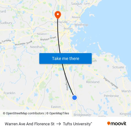 Warren Ave And Florence St to Tufts University" map