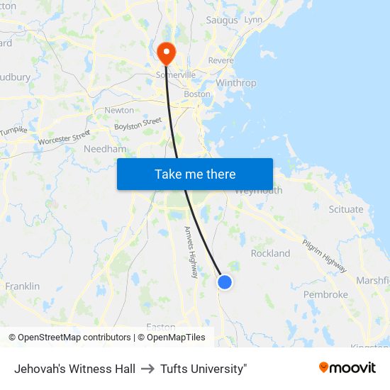 Jehovah's Witness Hall to Tufts University" map