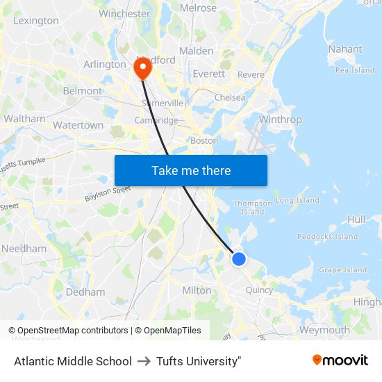 Atlantic Middle School to Tufts University" map