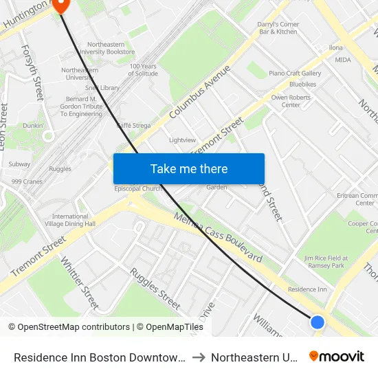 Residence Inn Boston Downtown/South End to Northeastern University map