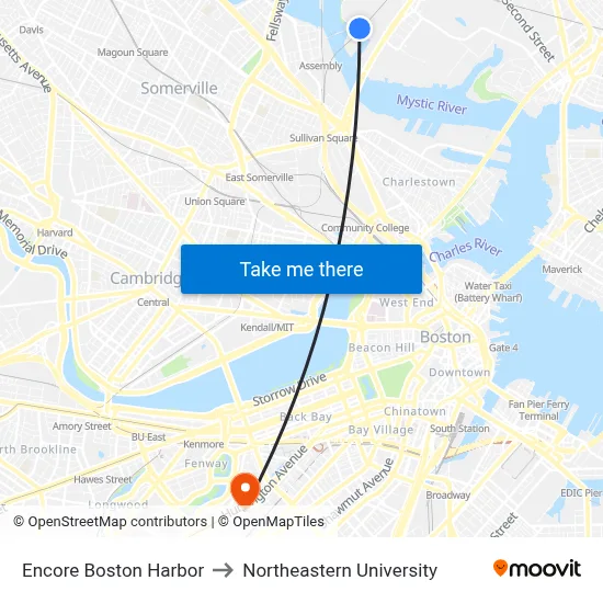 Encore Boston Harbor to Northeastern University map
